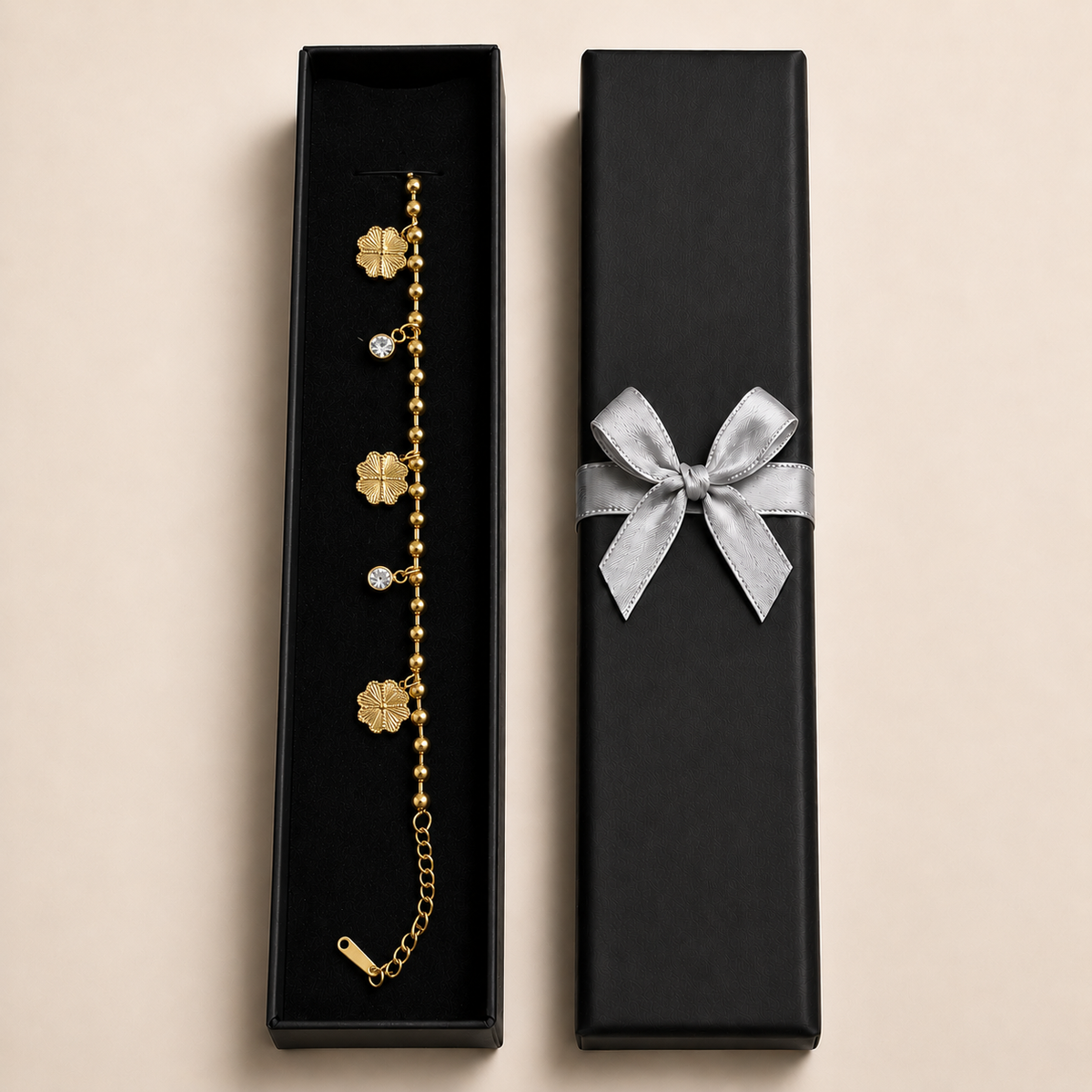 PN014G - Gold Ball Chain 3× Engraved Flower & CZ Bezel Drop Charm Narukvica