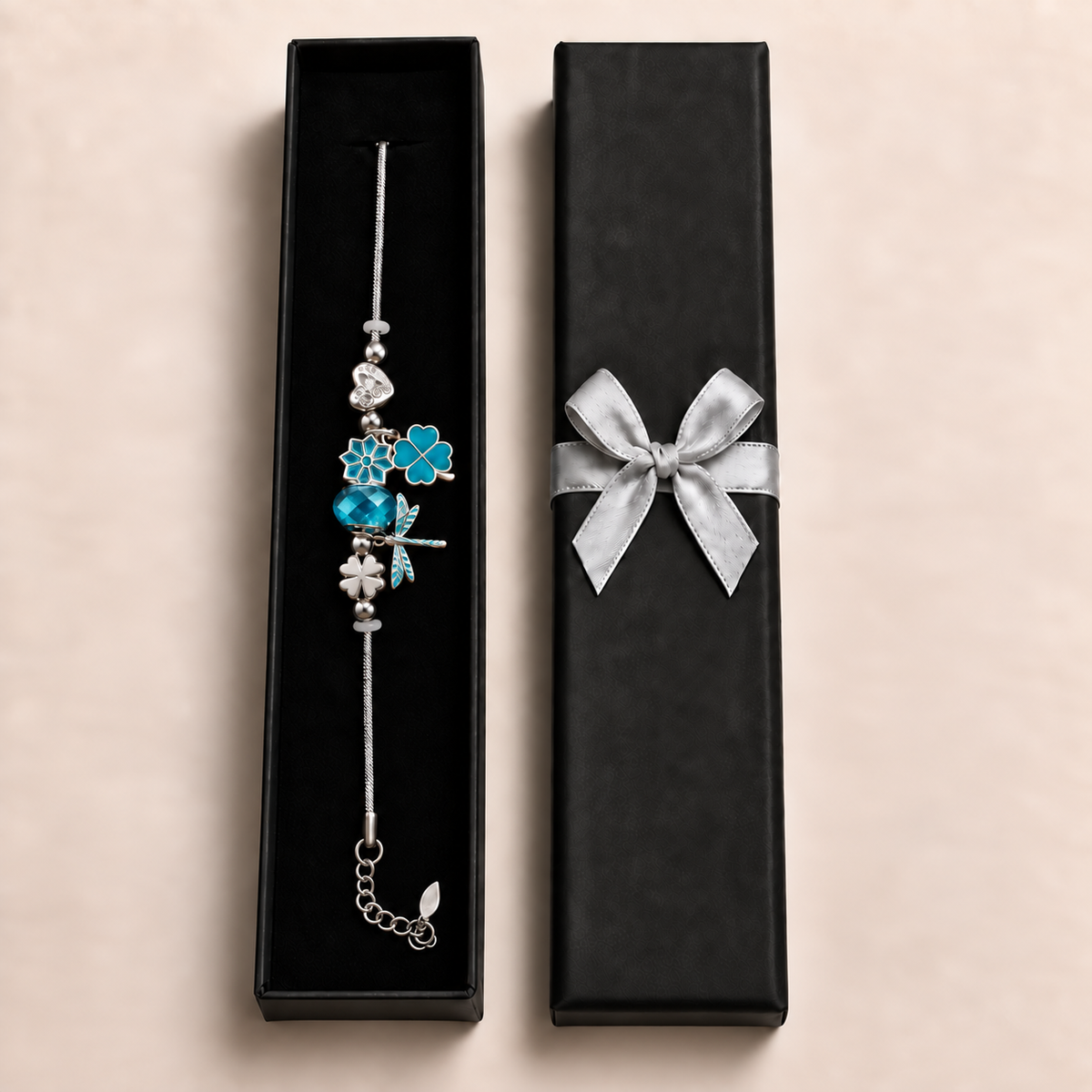 PN045 - Silver Turquoise Clover Dragonfly Charm Snake Chain Narukvica