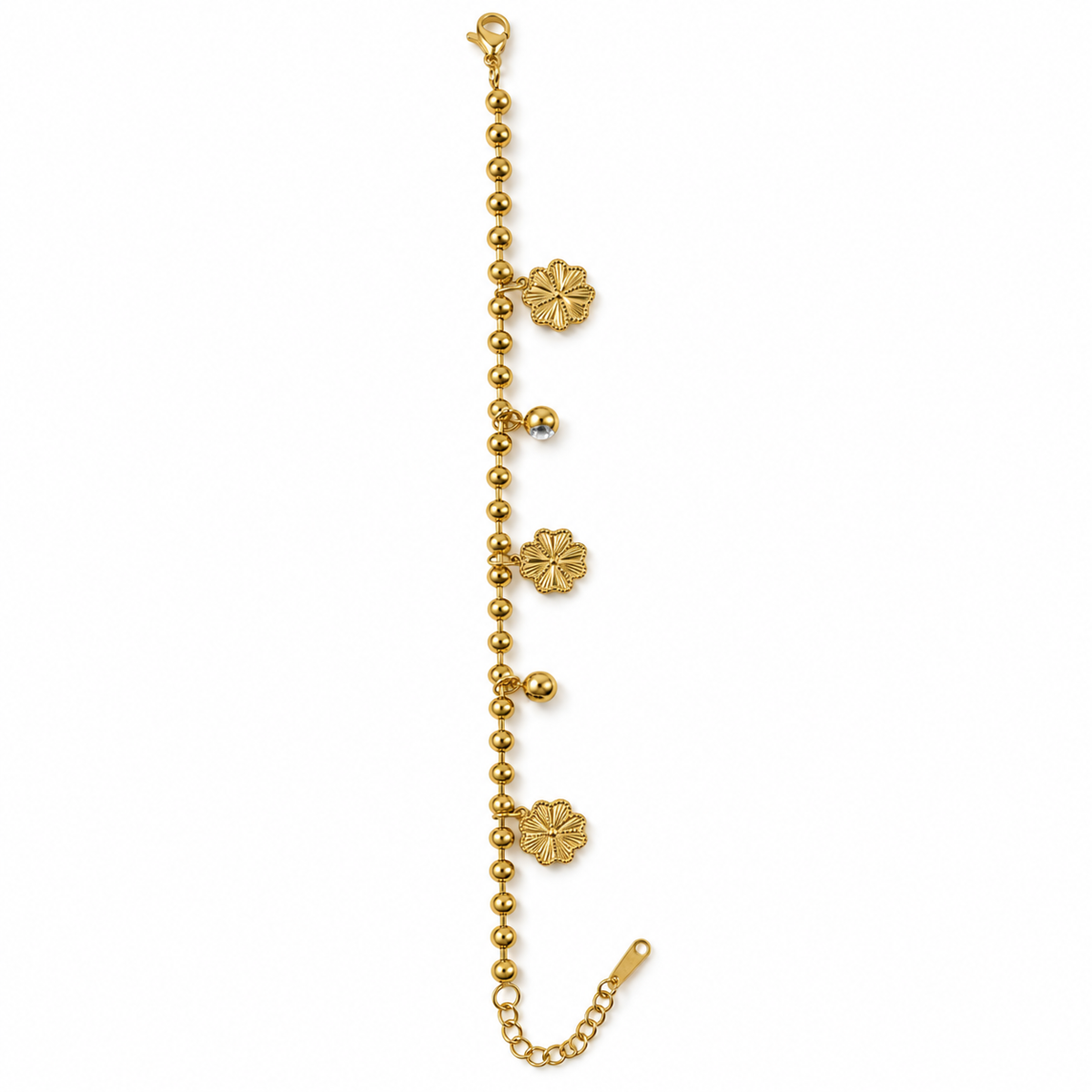 PN014G - Gold Ball Chain 3× Engraved Flower & CZ Bezel Drop Charm Narukvica sa tri flower priveska i CZ drop detaljima