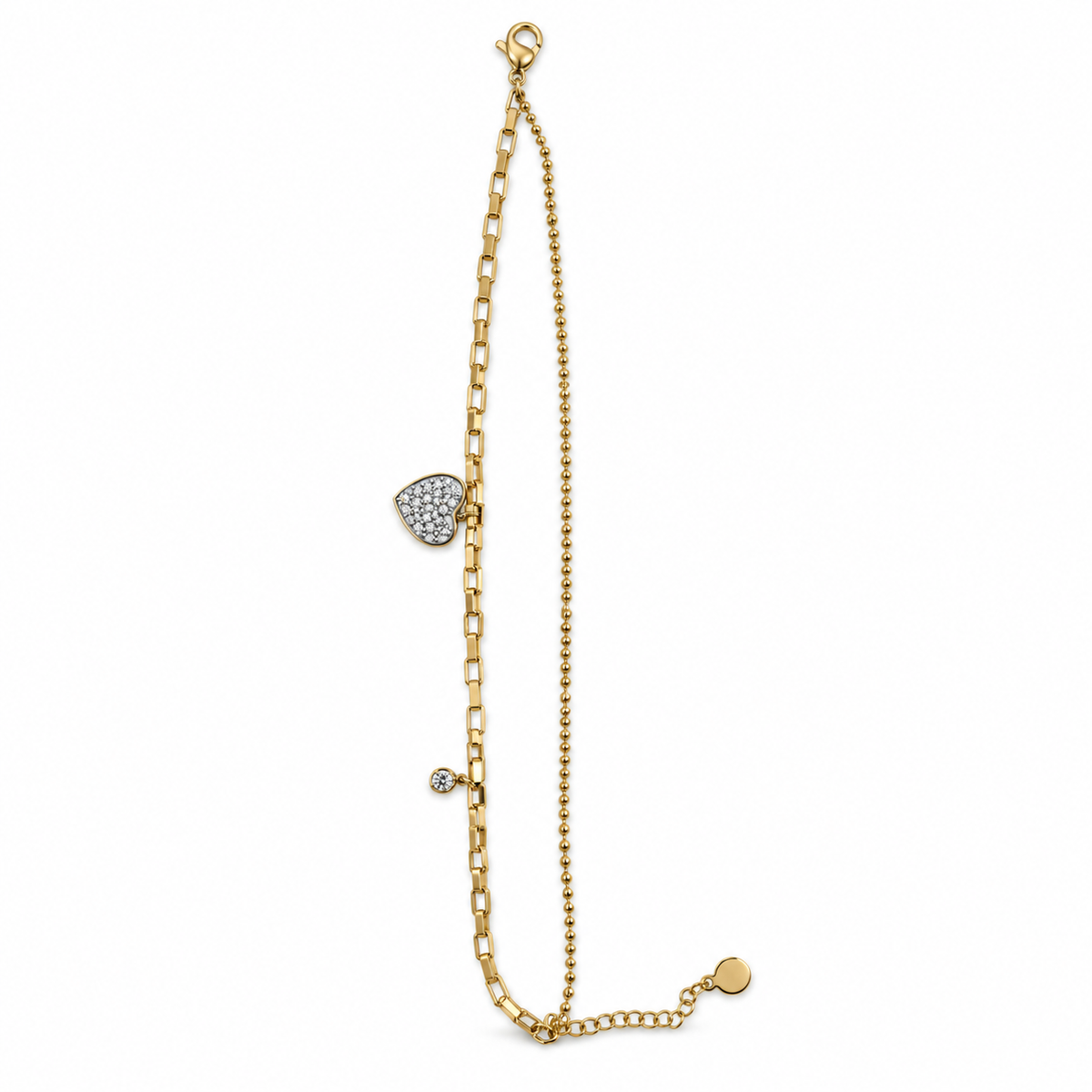 PN015G - Gold Paperclip & Ball Chain Pavé Heart Charm Narukvica sa pavé heart i CZ bezel detaljima