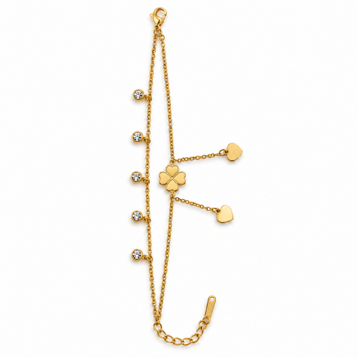 PN016G - Gold Double Chain Clover Heart & CZ Bezel Charm Narukvica sa clover, heart i CZ bezel detaljima