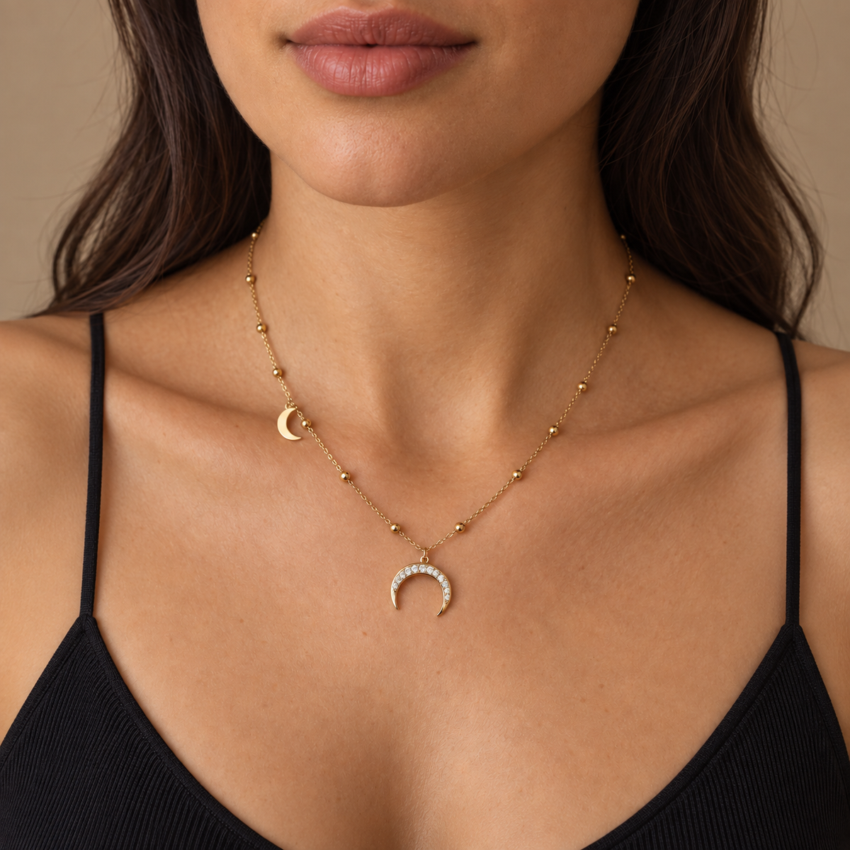 PO014G - Gold Double Crescent Sparkle Station Ogrlica