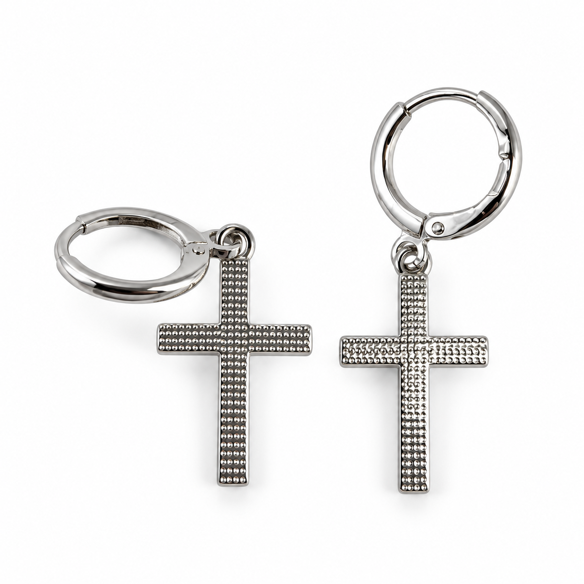 PM199 - Silver Elongated Beaded Cross Drop Huggie Minđuše