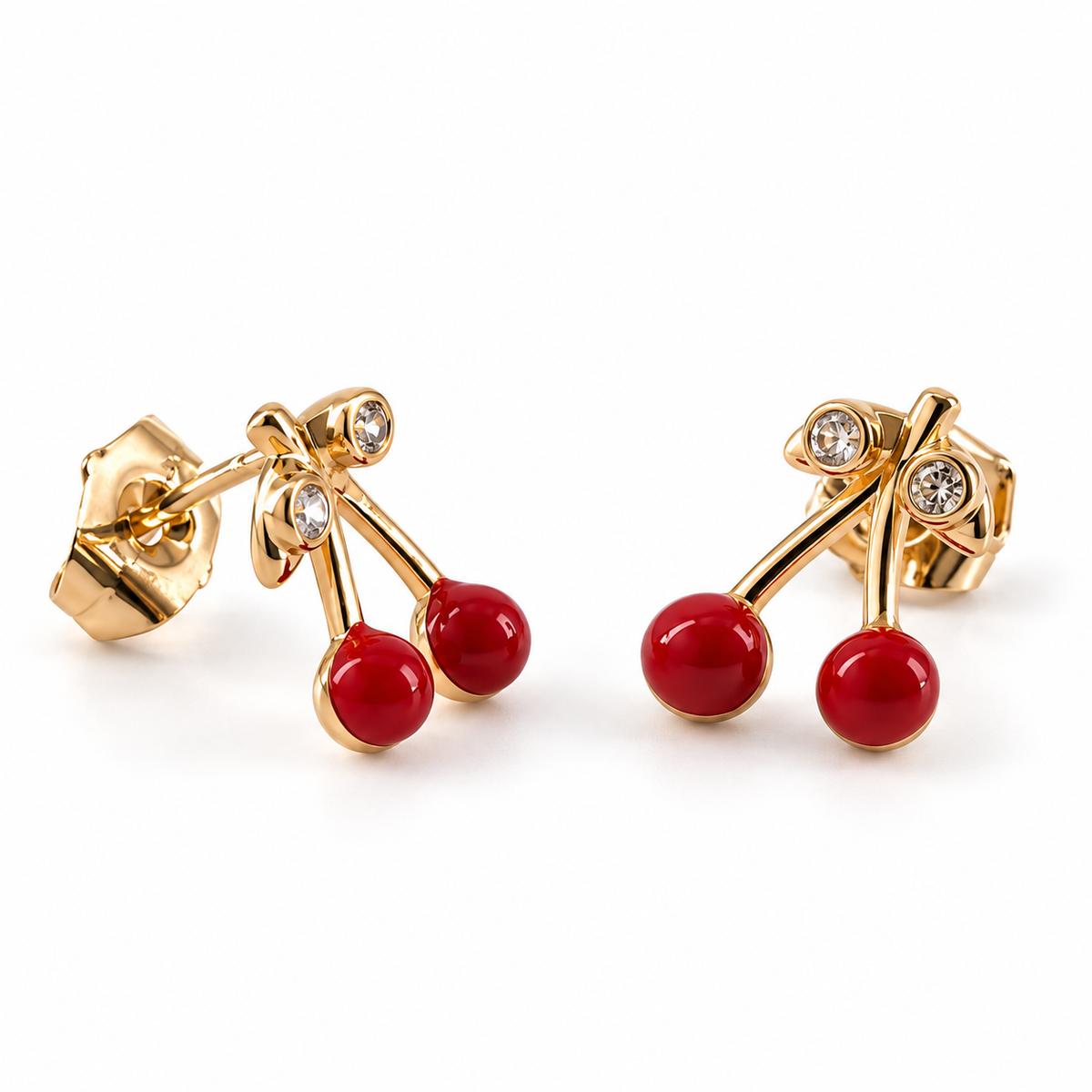 PM137G - Gold Twin Red Cherry Sparkle Leaf Stud Minđuše