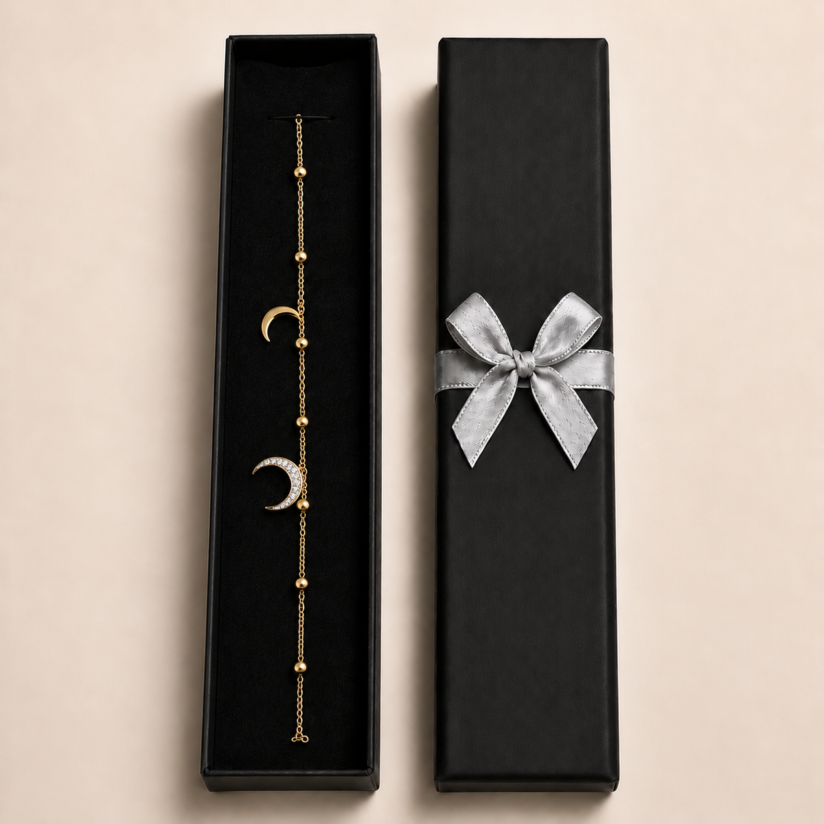 PN019G - Gold Moon & CZ Pavé Crescent Satellite Chain Narukvica