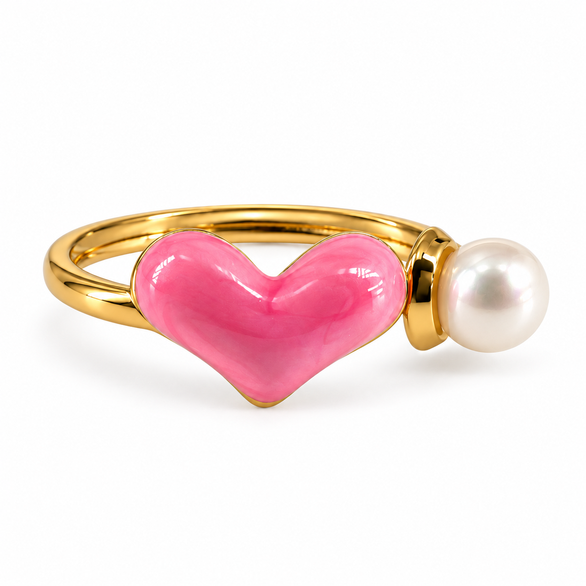 PP031G - Gold Pink Heart & Pearl Bypass Prsten sa ružičastim heart i belim pearl detaljem