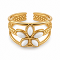 PP035G - Gold White Petal Flower Triple Band Cuff Prsten od hirurškog čelika