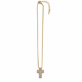 PO020G - Gold Full Pavé Cross Cable Chain Ogrlica od hirurškog čelika, zlatna ogrlica sa centralnim svetlucavim krstom, finim lancem od ovalnih karika i produžnim lančićem na beloj pozadini