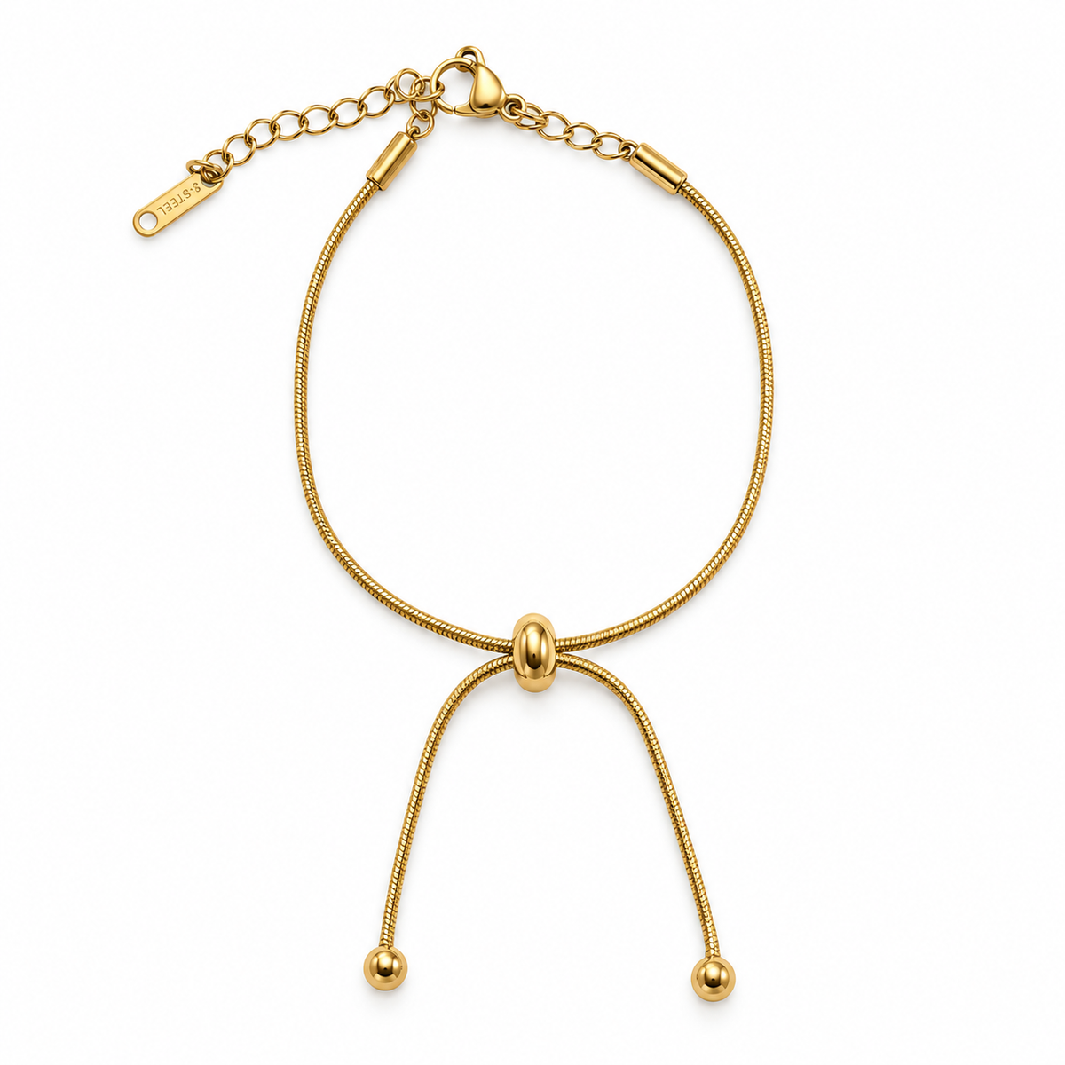 PN018G - Gold Twin Ball Drop Slider Snake Chain Narukvica od hirurškog čelika, zlatna narukvica sa centralnim ovalnim elementom, dva viseća kraka sa kuglicama i produžnim lančićem na beloj pozadini