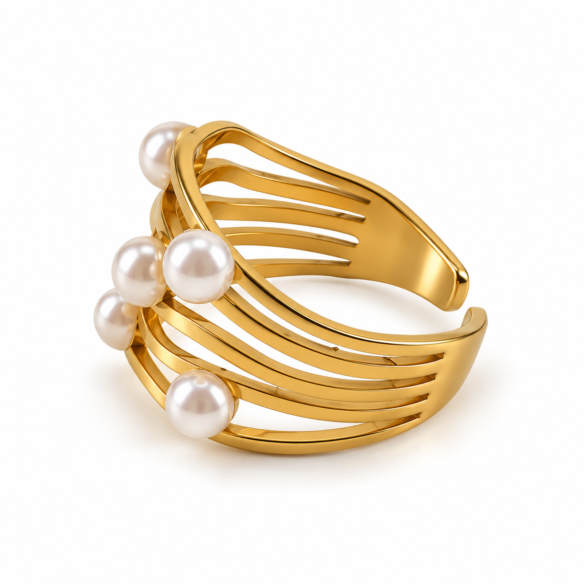 PP032G - Gold Six Pearl Wave Cuff Prsten od hirurškog čelika sa šest belih pearl detalja