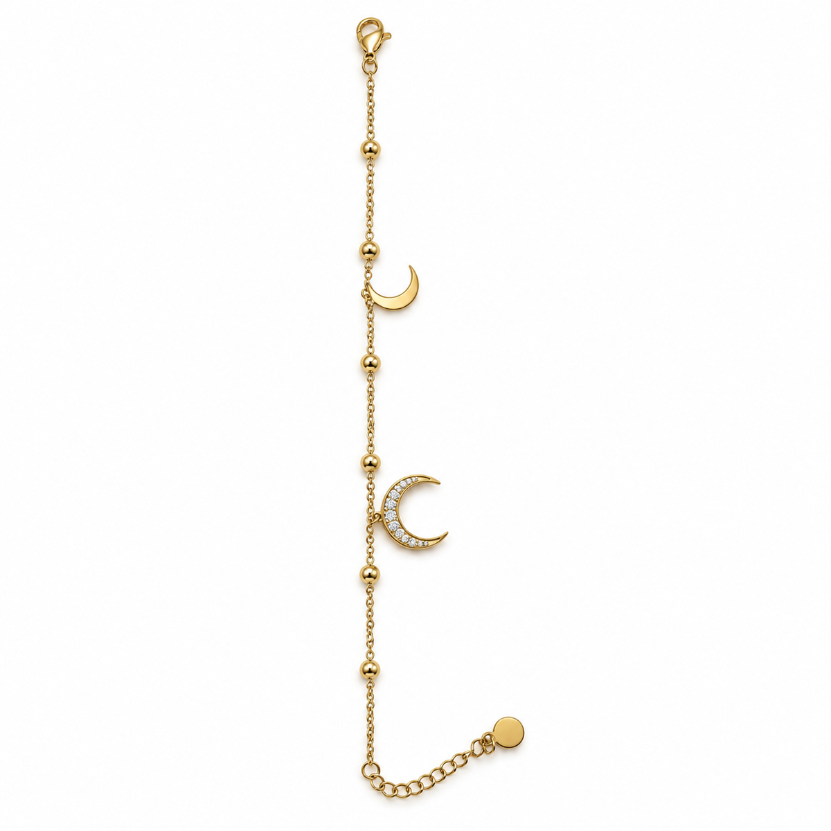 PN019G - Gold Moon & CZ Pavé Crescent Satellite Chain Narukvica, detaljan prikaz većeg zlatnog polumeseca sa svetlucavim kamenčićima, manjeg glatkog polumeseca, kuglica duž lanca i jastog kopče na beloj pozadini