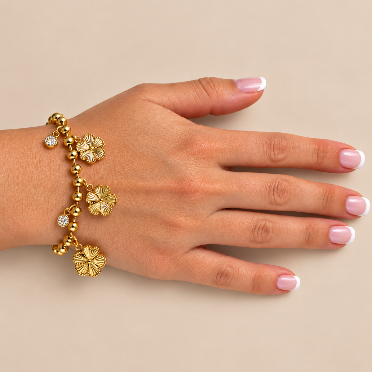 PN014G - Gold Ball Chain 3× Engraved Flower & CZ Bezel Drop Charm Narukvica