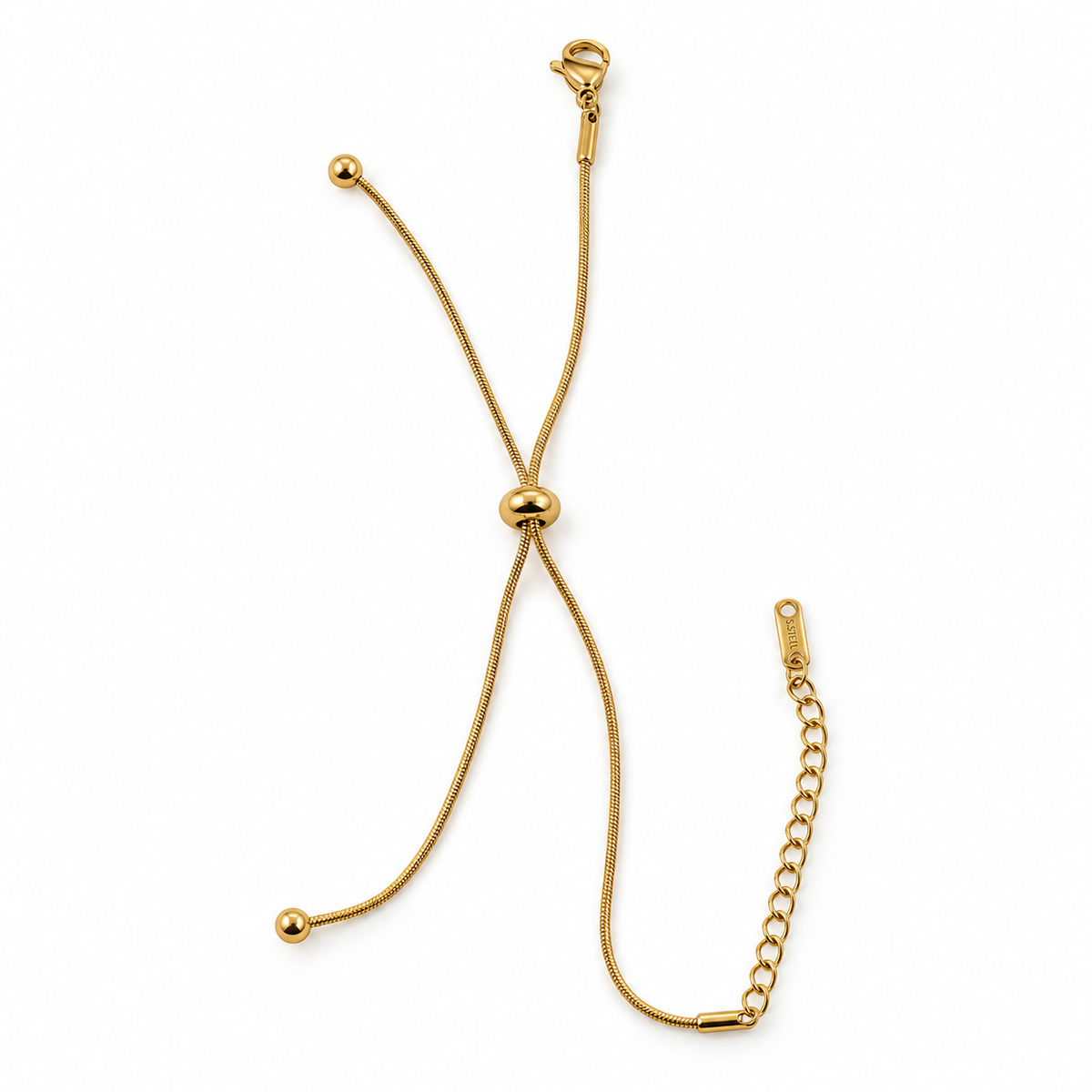 PN018G - Gold Twin Ball Drop Slider Snake Chain Narukvica, detaljan prikaz finog zlatnog snake lanca, centralnog poliranog elementa, dva završetka sa metalnim kuglicama, jastog kopče i produžnog lančića na beloj pozadini