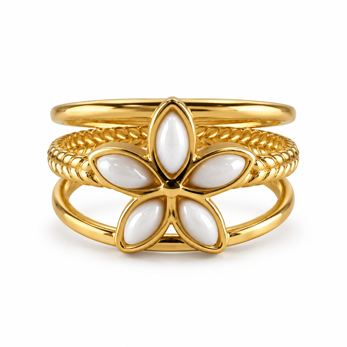 PP035G - Gold White Petal Flower Triple Band Cuff Prsten sa belim petal elementima i braided detaljem