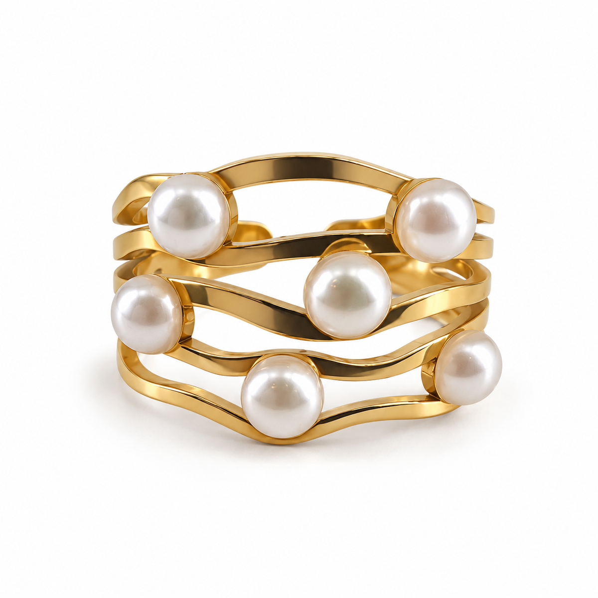 PP032G - Gold Six Pearl Wave Cuff Prsten sa talasastim Gold trakama i pearl elementima