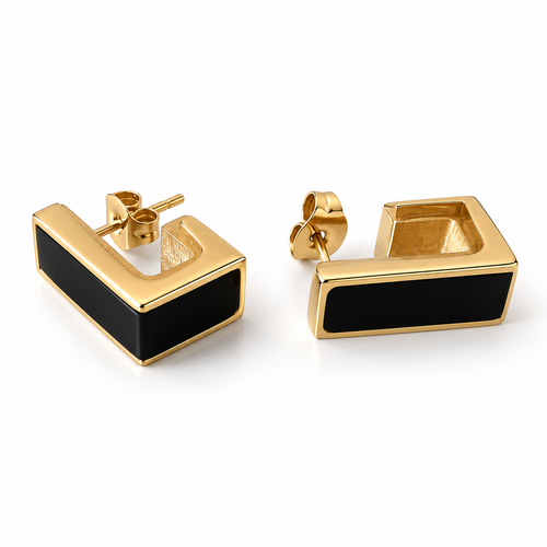 PM136G - Gold Black Inlay Angular Open Frame Stud Minđuše