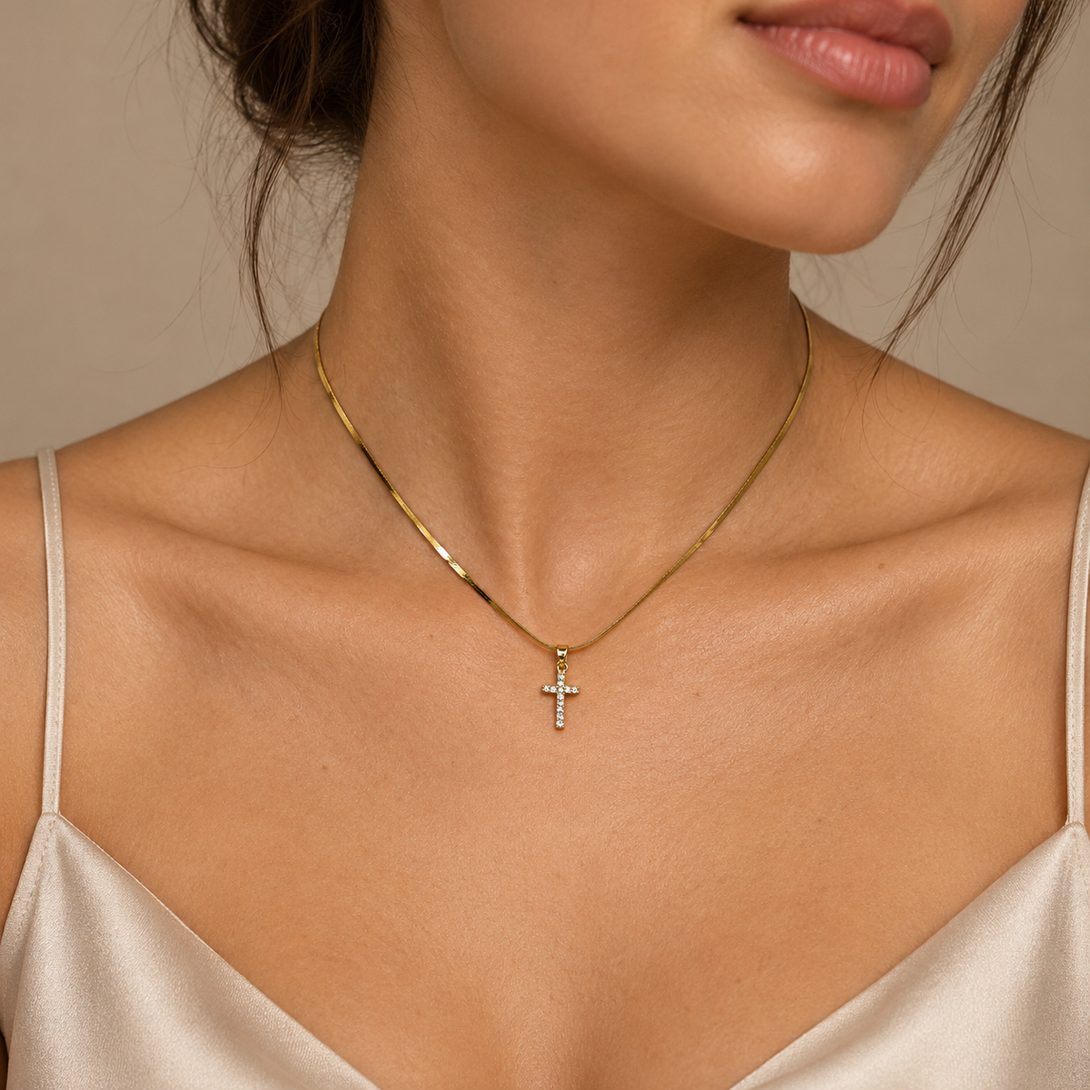 PO021G - Gold CZ Cross Snake Chain Ogrlica