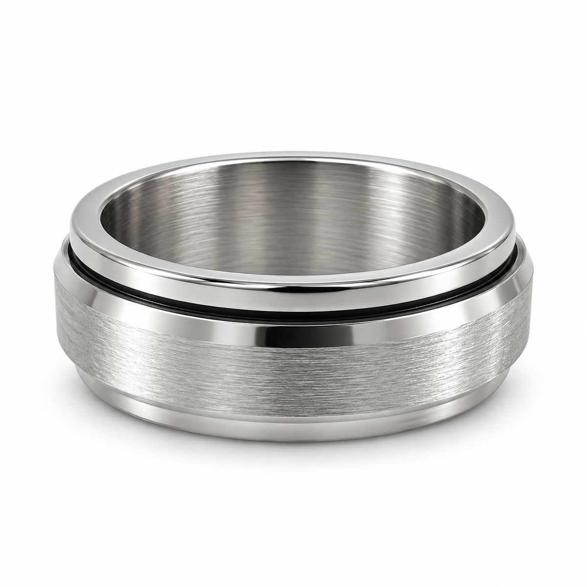 PP061 - Silver Brushed Black Groove Wide Band Prsten od hirurškog čelika