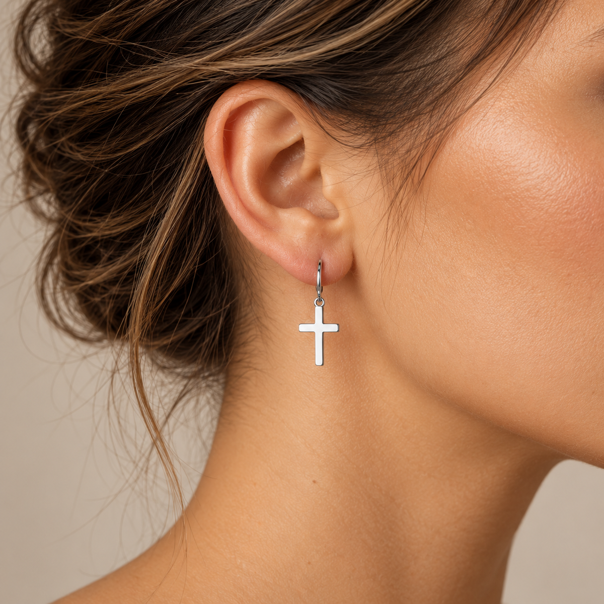 PM199 - Silver Elongated Beaded Cross Drop Huggie Minđuše