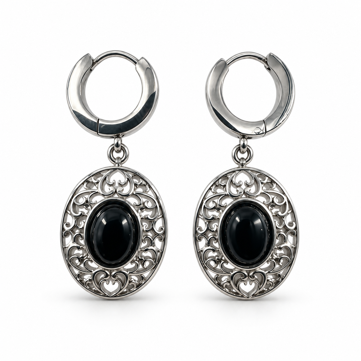 PM204 - Silver Black Oval Scrollwork Medallion Drop Huggie Minđuše