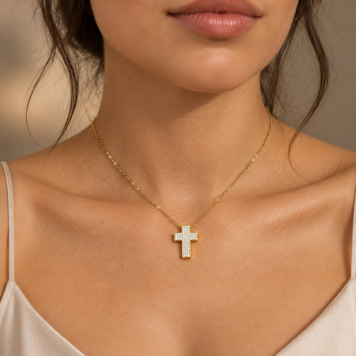 PO020G - Gold Full Pavé Cross Cable Chain Ogrlica