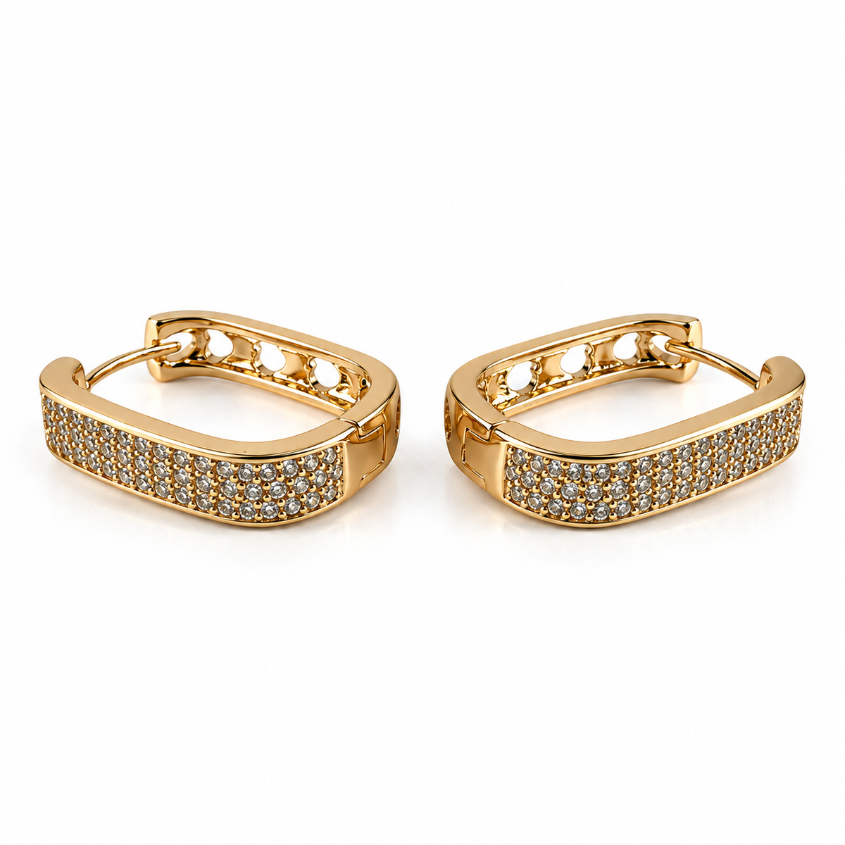 PM127G - Gold Rounded Rectangle Triple Pavé Huggie Minđuše