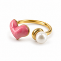 PP031G - Gold Pink Heart & Pearl Bypass Prsten od hirurškog čelika