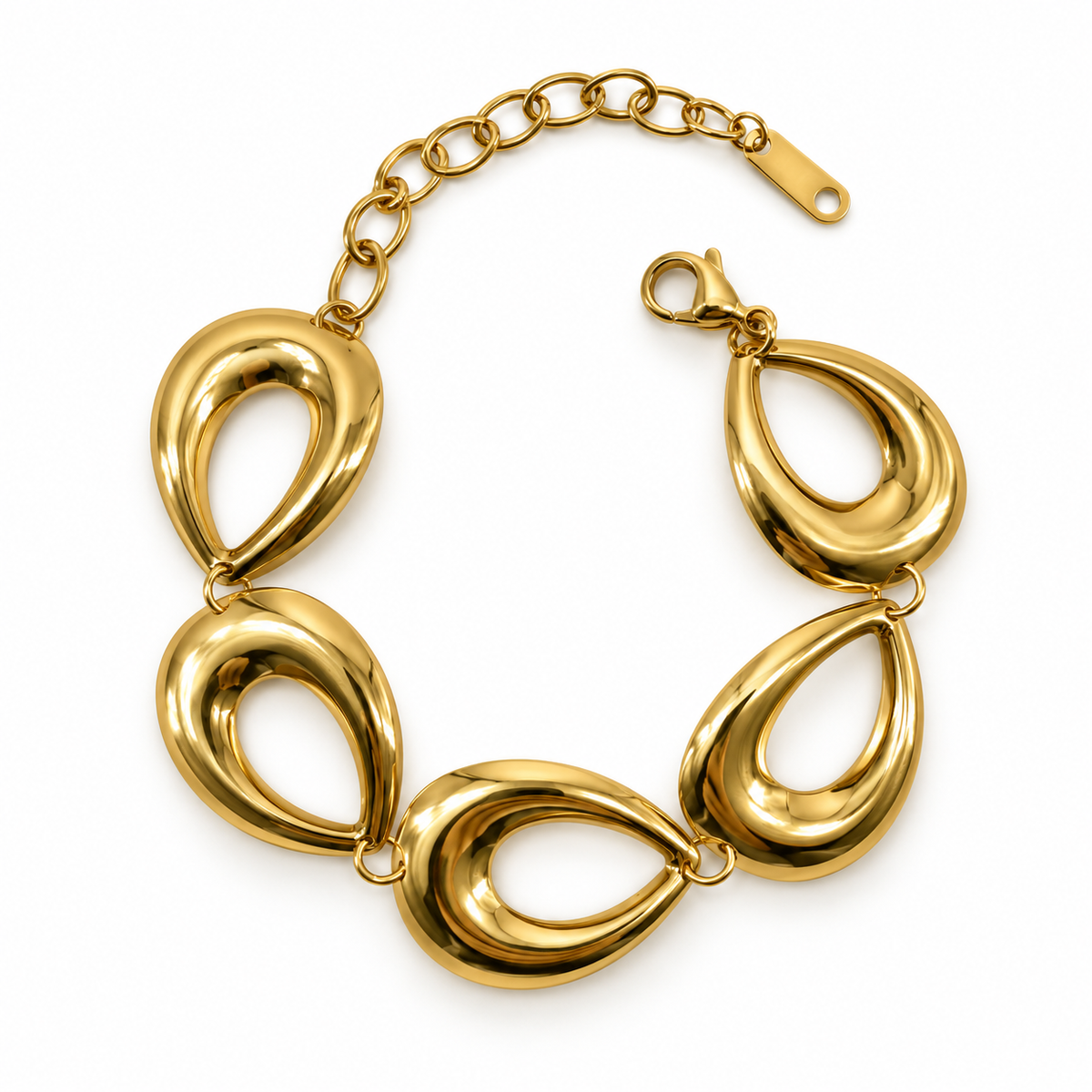 PN017G - Gold Five Open Teardrop Link Narukvica od hirurškog čelika, zlatna narukvica sa pet otvorenih kapljičastih elemenata, visokopoliranom površinom i produžnim lančićem na beloj pozadini