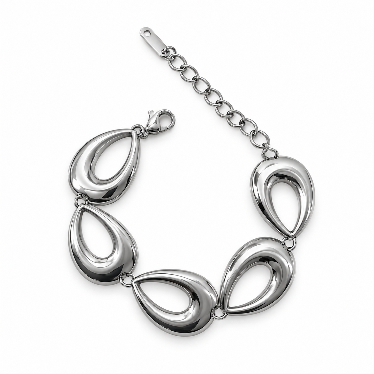 PN046 - Silver Five Open Teardrop Link Narukvica od hirurškog čelika, srebrna narukvica sa pet otvorenih kapljičastih elemenata, visokopoliranom površinom i produžnim lančićem na beloj pozadini