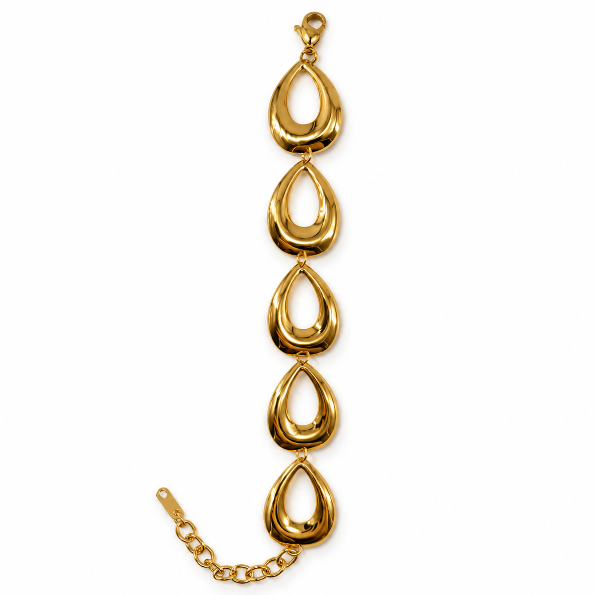 PN017G - Gold Five Open Teardrop Link Narukvica, detaljan prikaz pet povezanih zlatnih kapljičastih elemenata sa otvorenim sredinama, zaobljenim skulpturalnim konturama, metalnim alkama i jastog kopčom na beloj pozadini
