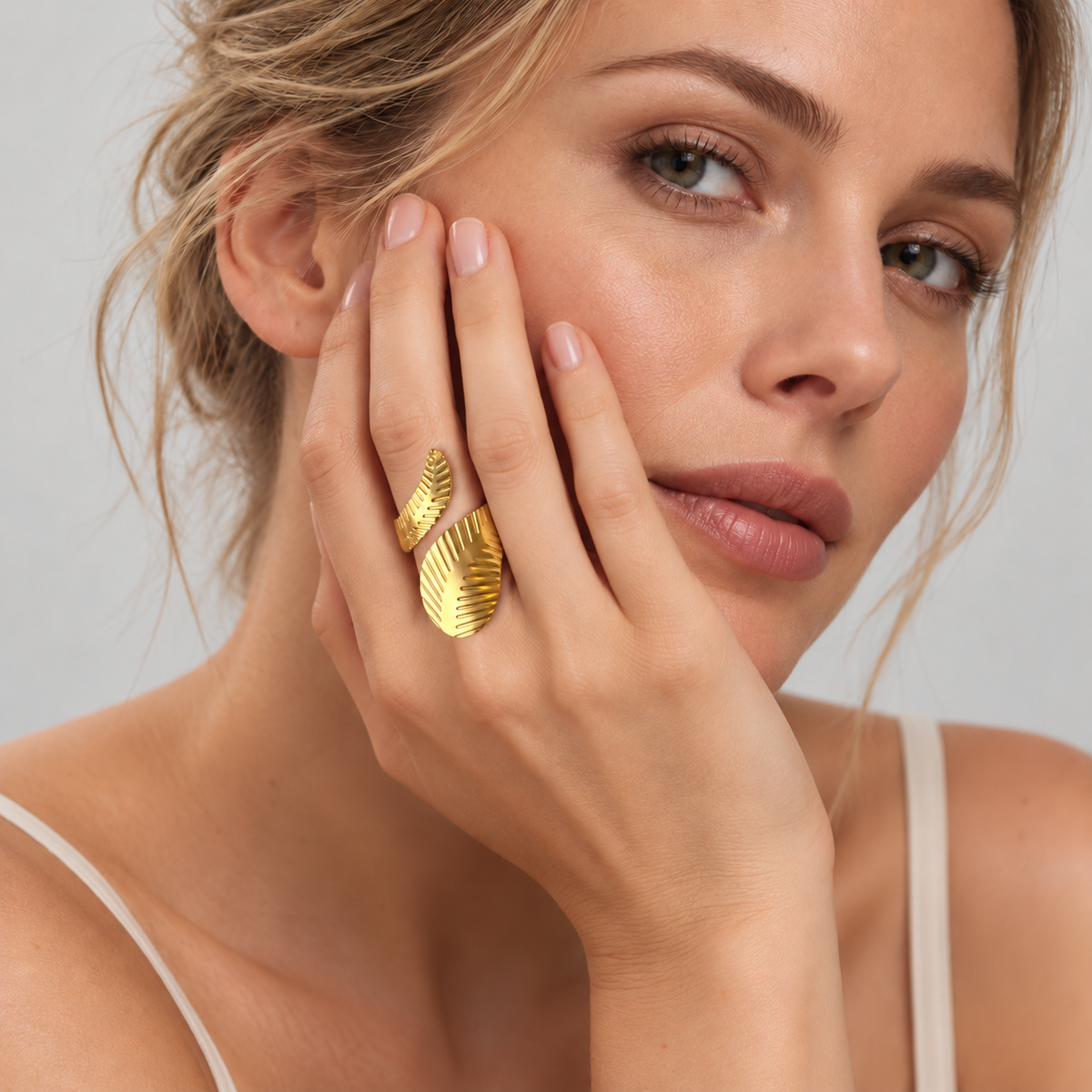 PP029G - Gold Ribbed Double Leaf Wrap Prsten