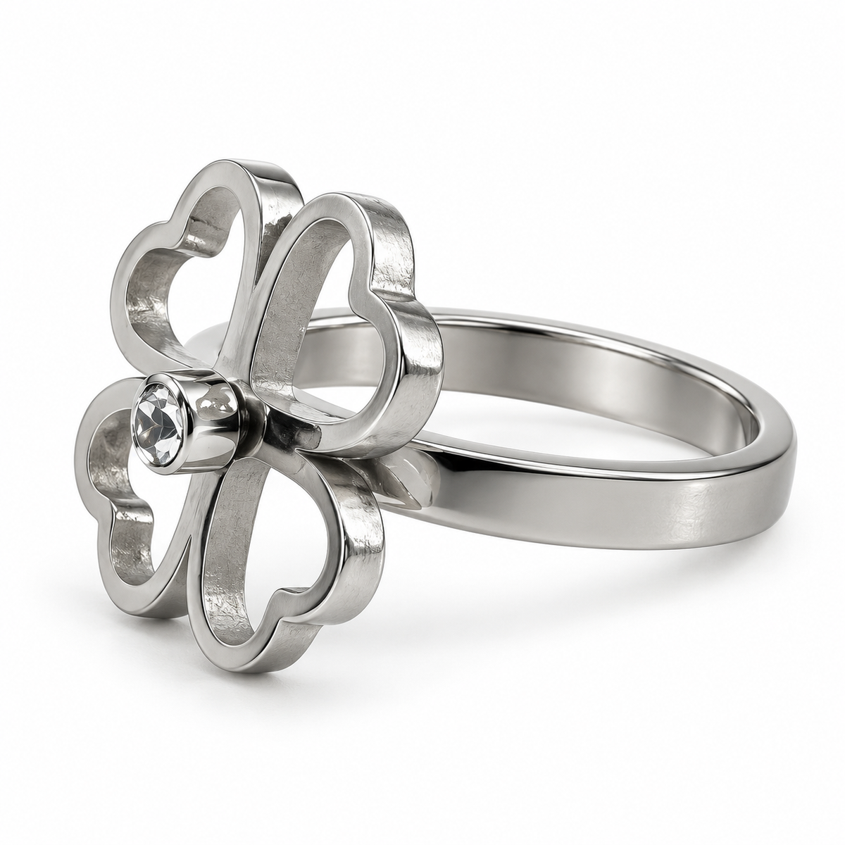 PP057 - Silver Open Heart Clover CZ Prsten od hirurškog čelika sa centralnim CZ kamenom