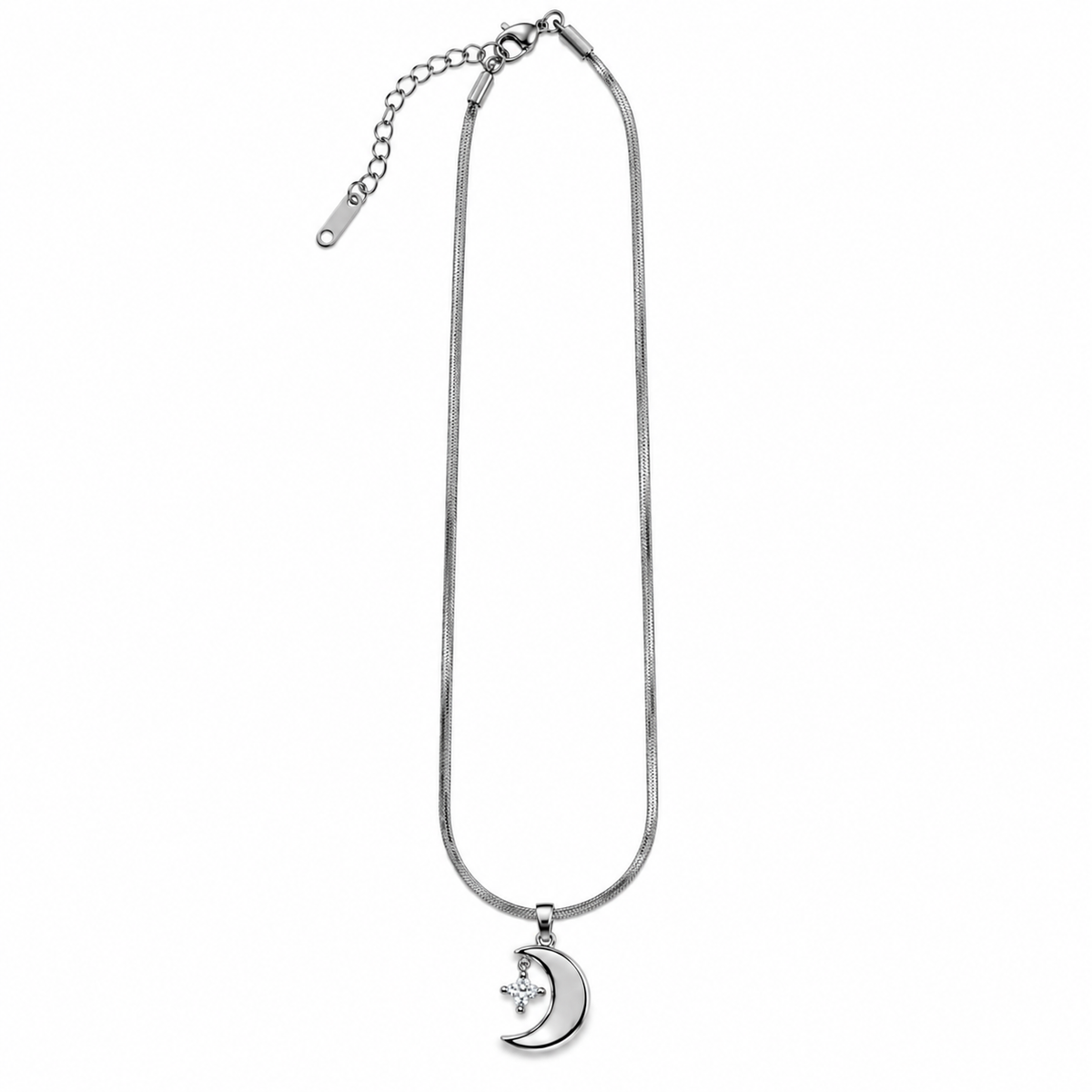 PO074 - Silver MOP Crescent Star Charm Snake Chain Ogrlica od hirurškog čelika, srebrna ogrlica sa sedefastim polumesecom, visećom svetlucavom zvezdom, snake lančićem i produžetkom za podešavanje dužine na beloj pozadini
