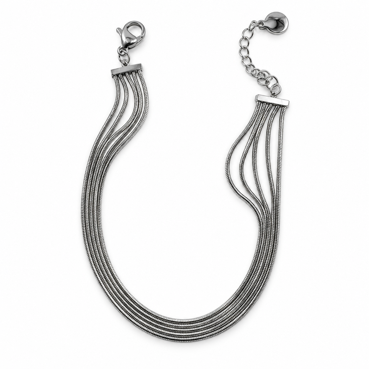 PN047 - Silver 5× Popcorn Chain Multi-Strand Narukvica od hirurškog čelika, srebrna narukvica sa pet paralelnih teksturiranih lančića, pravougaonim spojnicama i produžnim lančićem na beloj pozadini