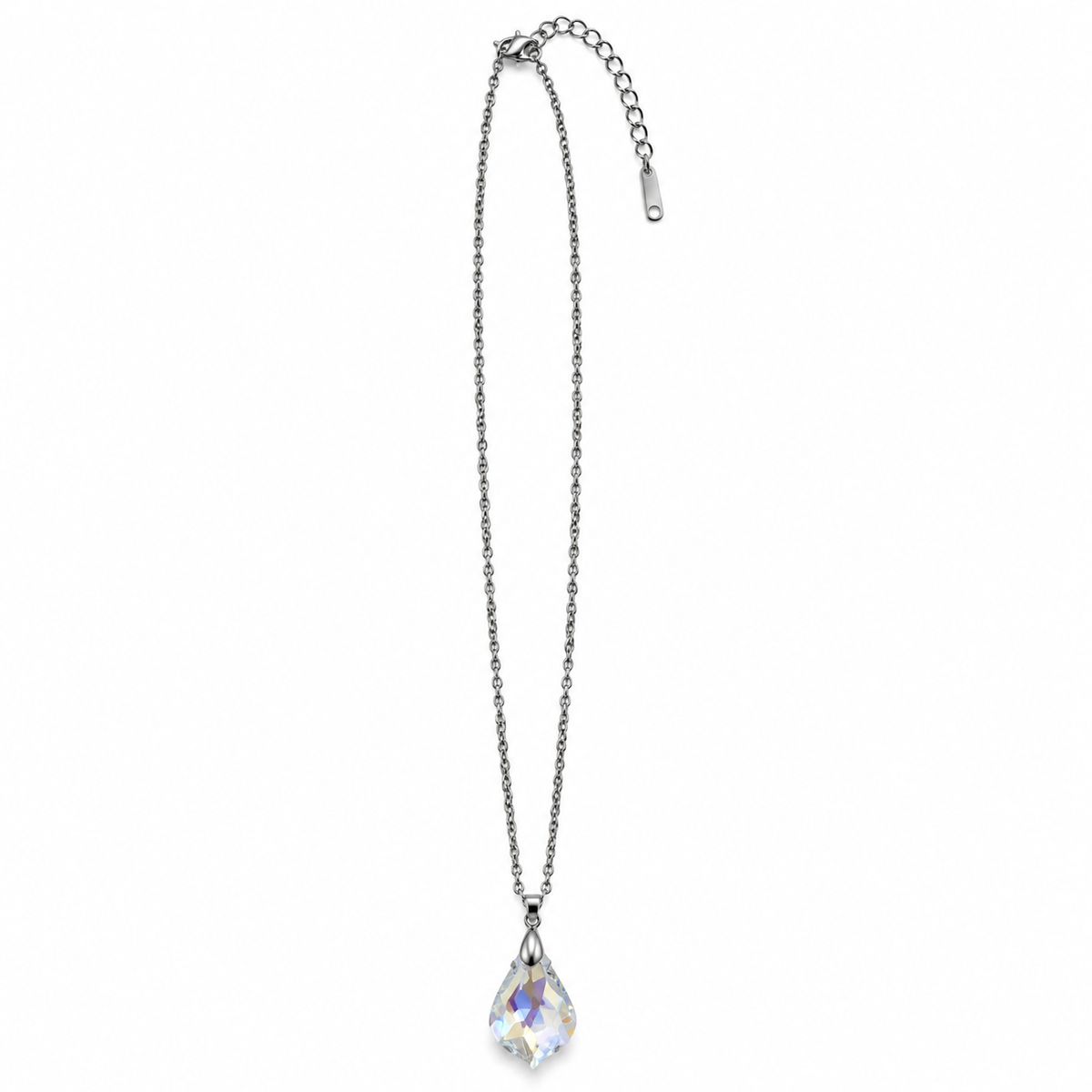 PO073 - Silver Iridescent Faceted Baroque Drop Cable Chain Ogrlica od hirurškog čelika, srebrna ogrlica sa prozirnim kapljičastim priveskom duginih odsjaja, lancem od ovalnih karika i produžnim lančićem na beloj pozadini