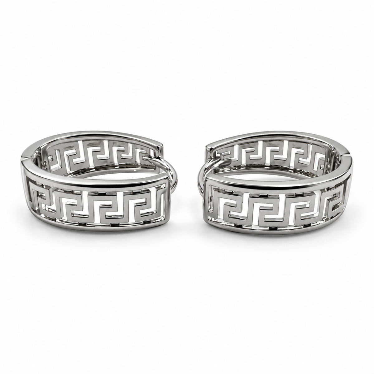 PM205 - Silver Openwork Greek Key Wide Huggie Minđuše