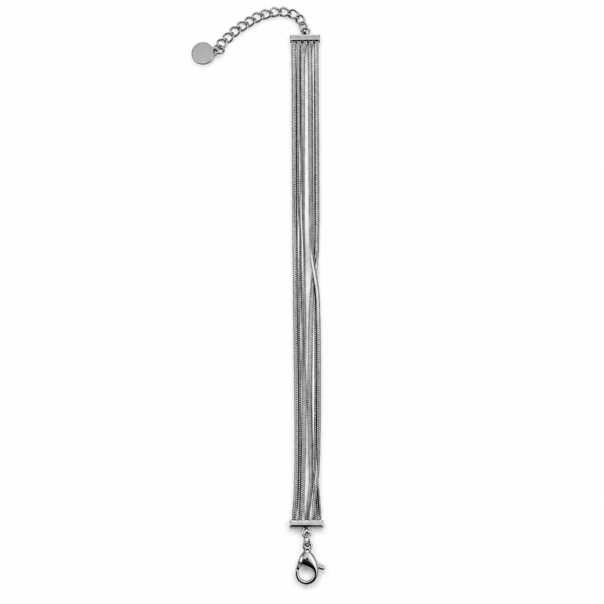 PN047 - Silver 5× Popcorn Chain Multi-Strand Narukvica, detaljan prikaz pet finih srebrnih popcorn lančića, pravougaonih metalnih spojnica, jastog kopče i produžnog lančića sa okruglim završnim detaljem na beloj pozadini