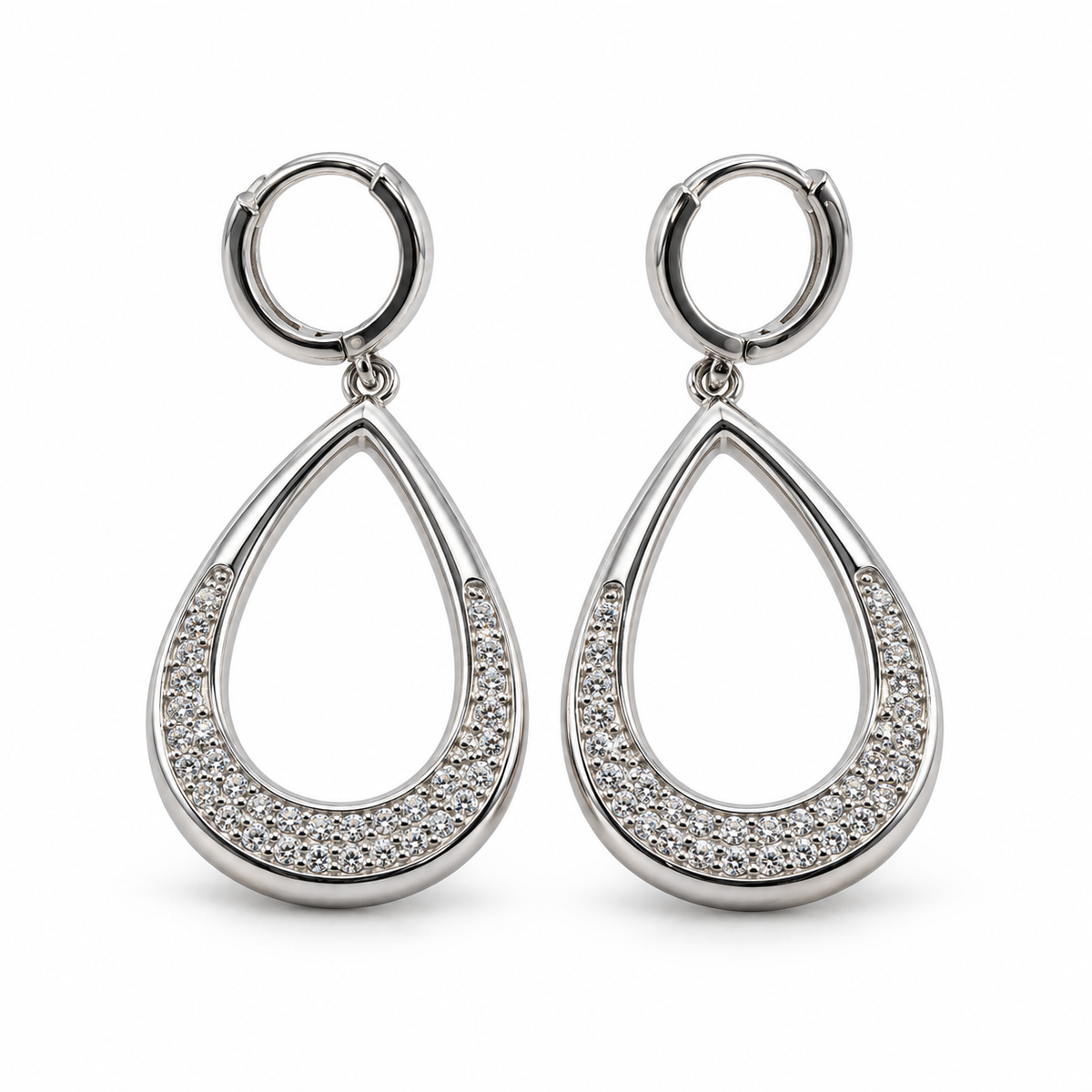 PM184 - Silver Open Teardrop Pavé Drop Huggie Minđuše