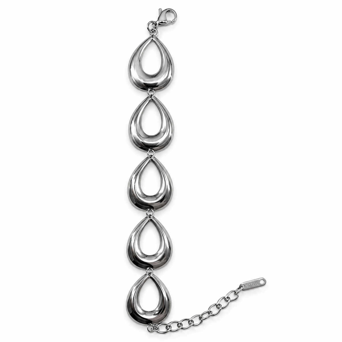PN046 - Silver Five Open Teardrop Link Narukvica, detaljan prikaz pet povezanih srebrnih kapljičastih elemenata sa otvorenim sredinama, zaobljenim skulpturalnim konturama, metalnim alkama i jastog kopčom na beloj pozadini