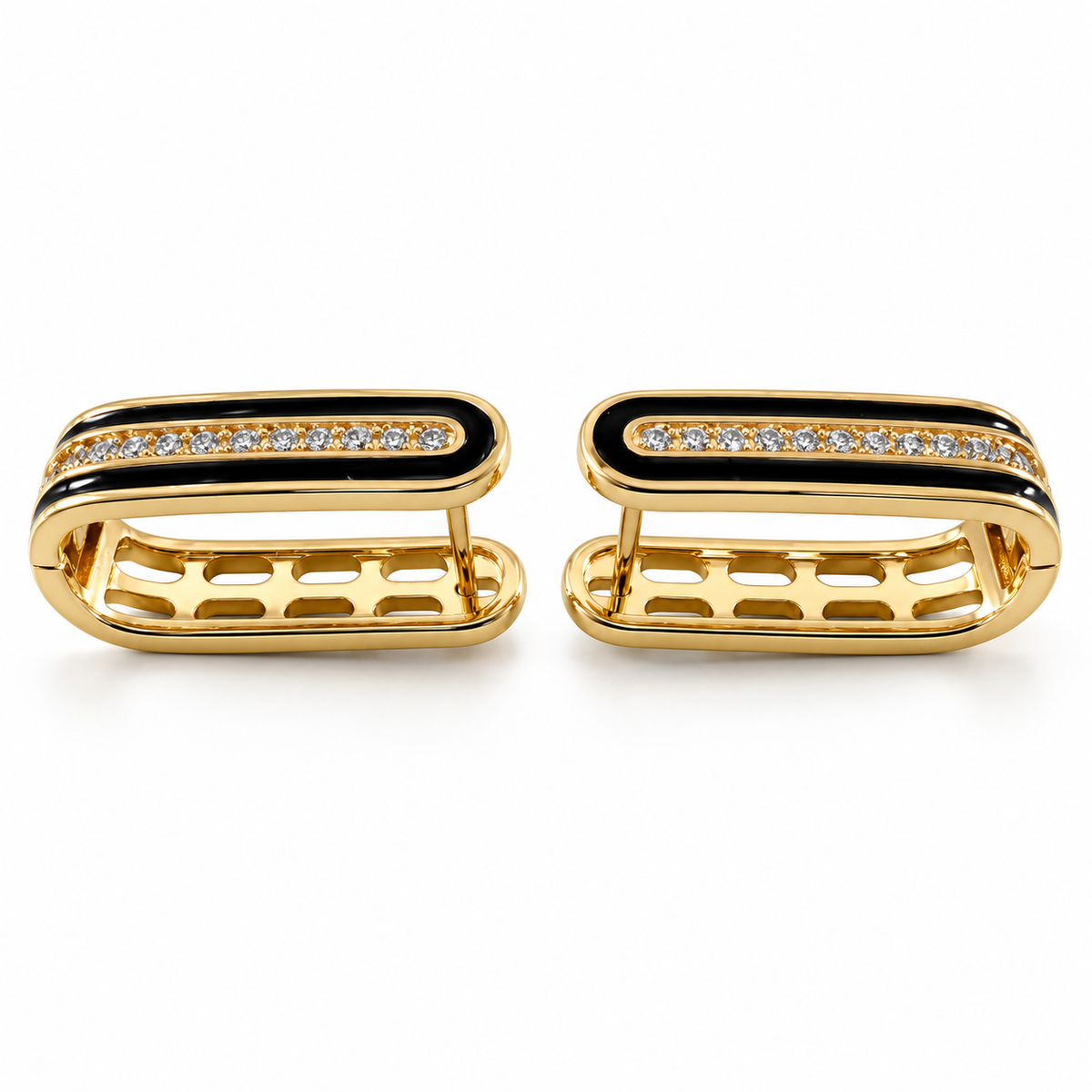 PM131G - Gold Twin Black Inlay Pavé Bar Huggie Minđuše