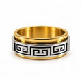PP045G - Gold Black Greek Key Wide Band Prsten od hirurškog čelika