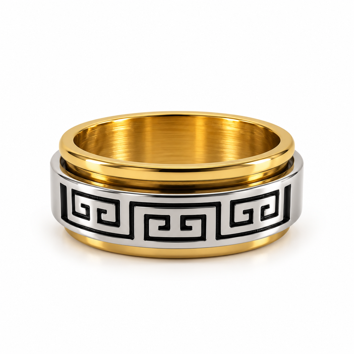 PP045G - Gold Black Greek Key Wide Band Prsten od hirurškog čelika