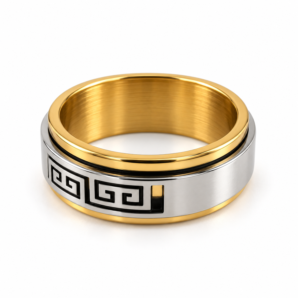 PP045G - Gold Black Greek Key Wide Band Prsten sa Silver centralnim pojasom i crnim Greek Key motivom