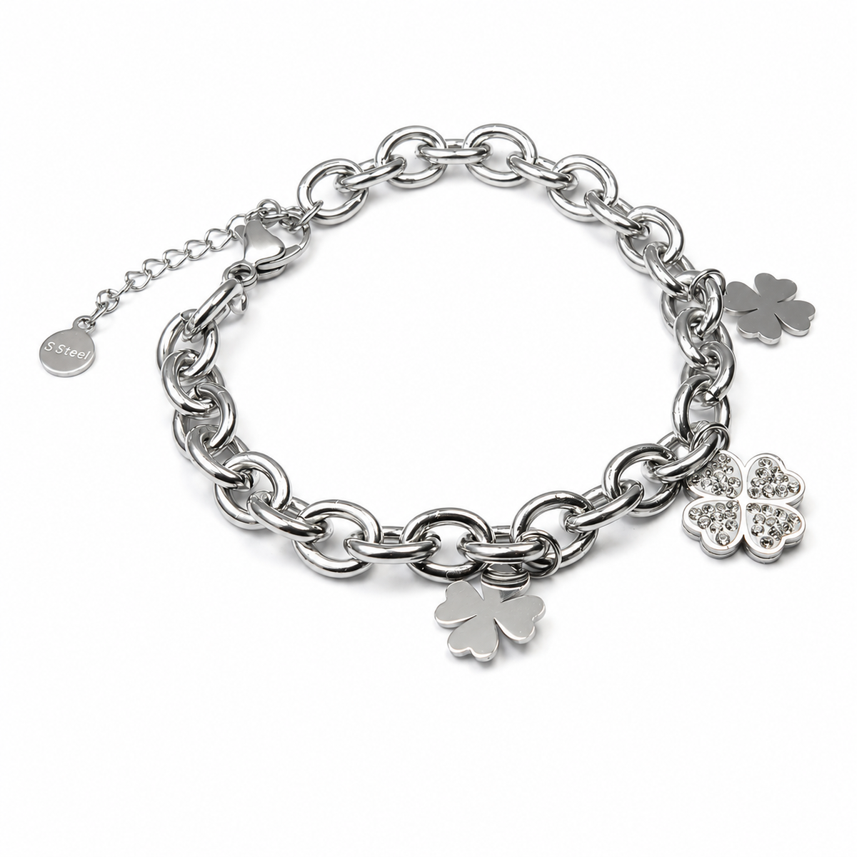 PN006 – Silver Chunky Rolo Chain Triple Clover CZ Charm Narukvica