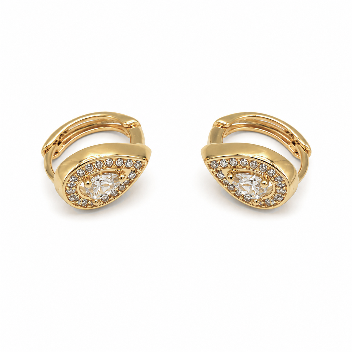 PM059G – Gold Teardrop Pavé Halo Pear CZ Huggie Minđuše