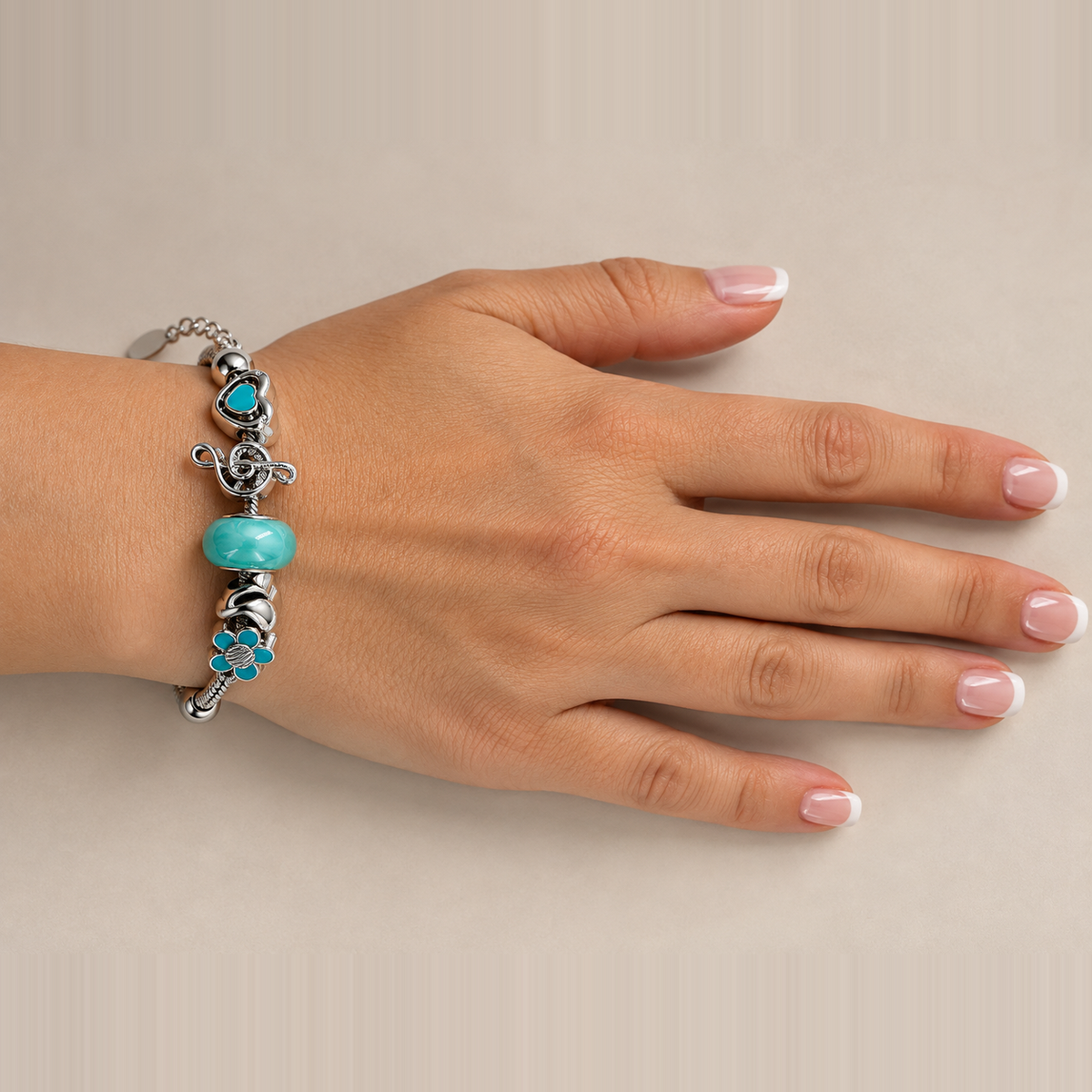 PN041 - Silver Turquoise Flower Heart Music Charm Snake Chain Narukvica
