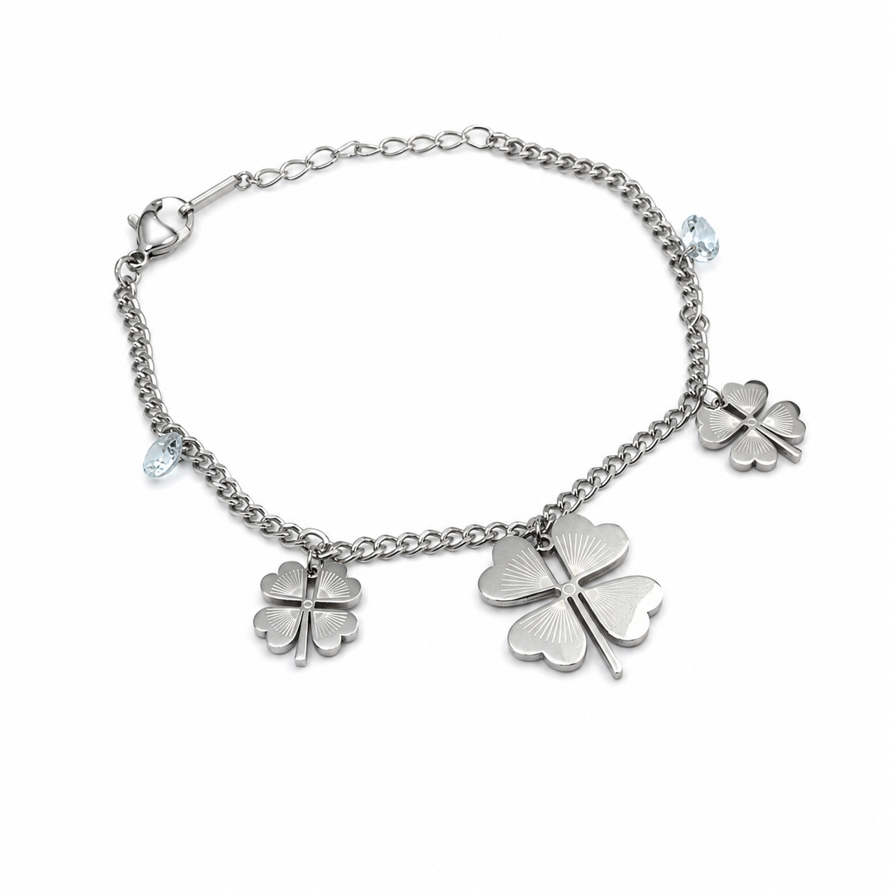 PN003 – Silver Four-Leaf Clover Aqua Crystal Charm Narukvica